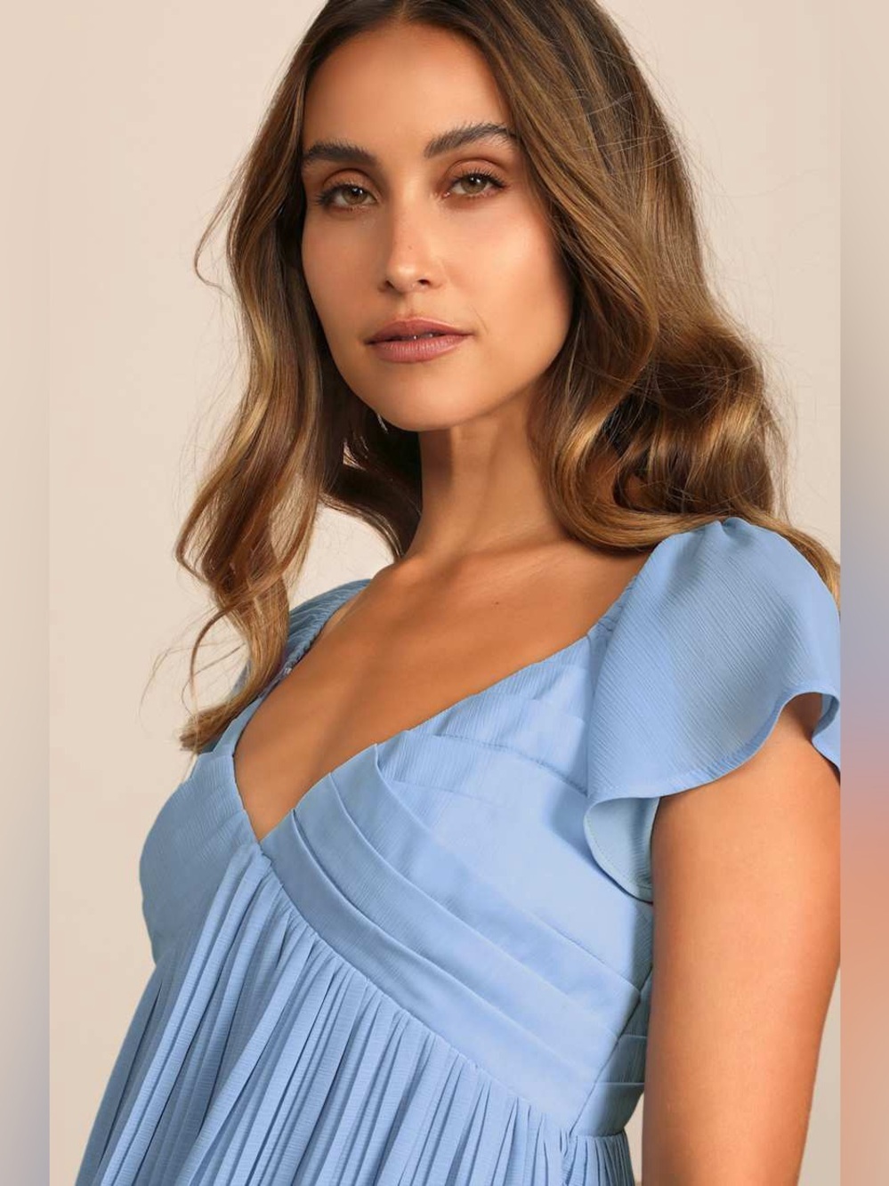 NEW Lulus Amalfi Coast Light Blue Pleated Flutter Sleeve Mini Dress, Medium - Picture 5 of 14